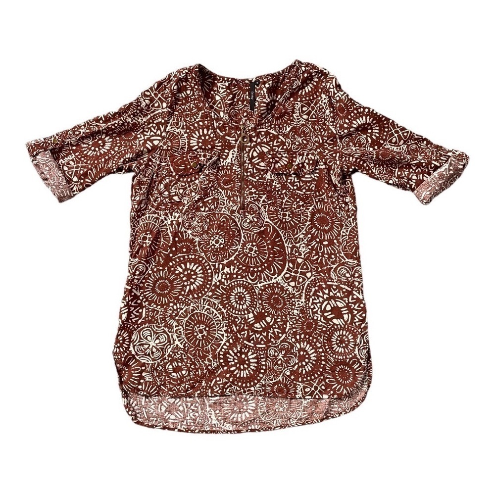 Cathy Linen Blend Rust Boho Print Roll Tab Sleeve Tunic Top | Medium